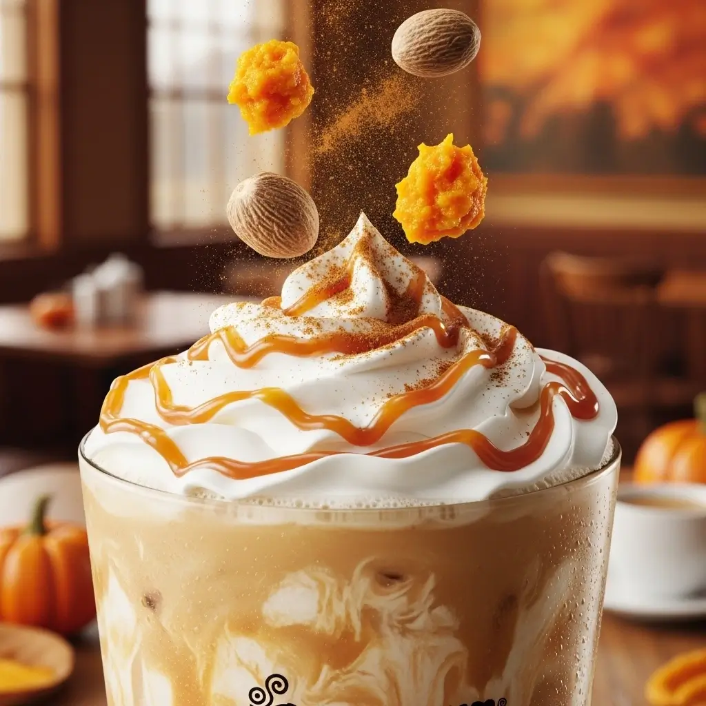 Close-up of Dunkin Donuts Pumpkin Spice Latte with creamy pumpkin spice swirls and caramel drizzle.
