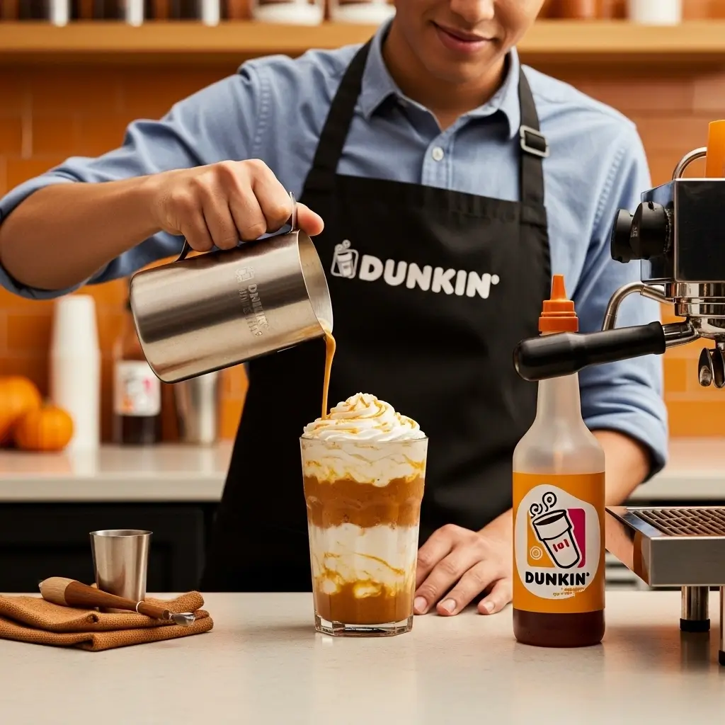 Barista at Dunkin preparing a Pumpkin Spice Latte with pumpkin syrup and espresso layers.