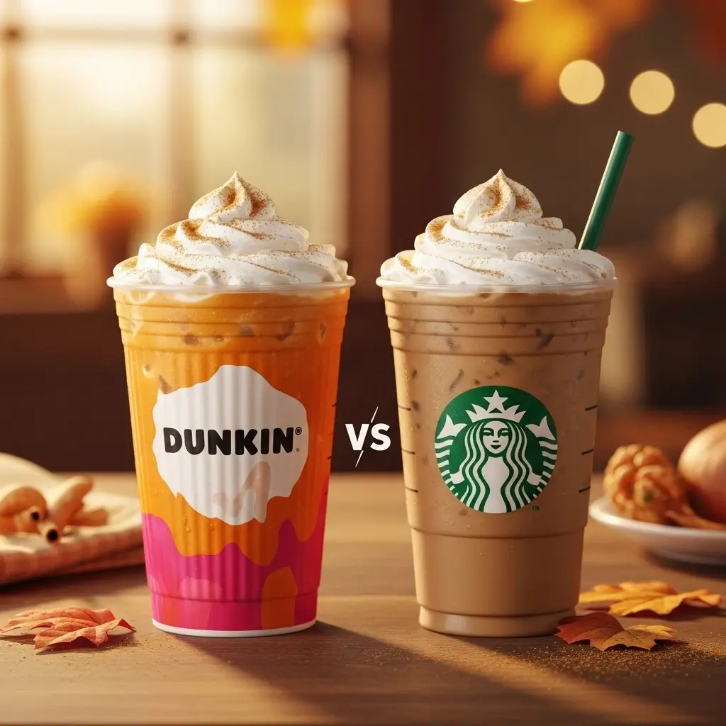 Dunkin and Starbucks Pumpkin Spice Lattes side by side for comparison with fall leaves around.