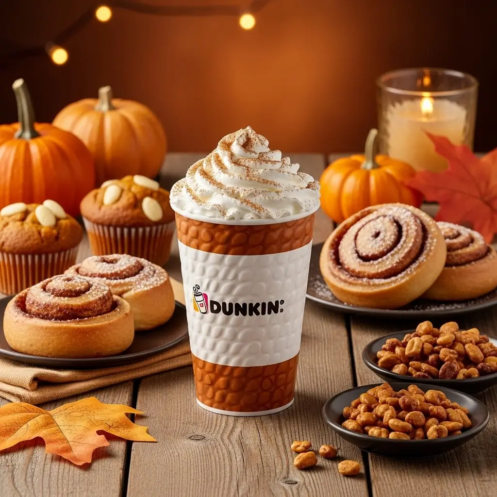 Dunkin Pumpkin Spice Latte with whipped cream surrounded by pumpkin muffins, cinnamon rolls, and autumn décor on a wooden table.