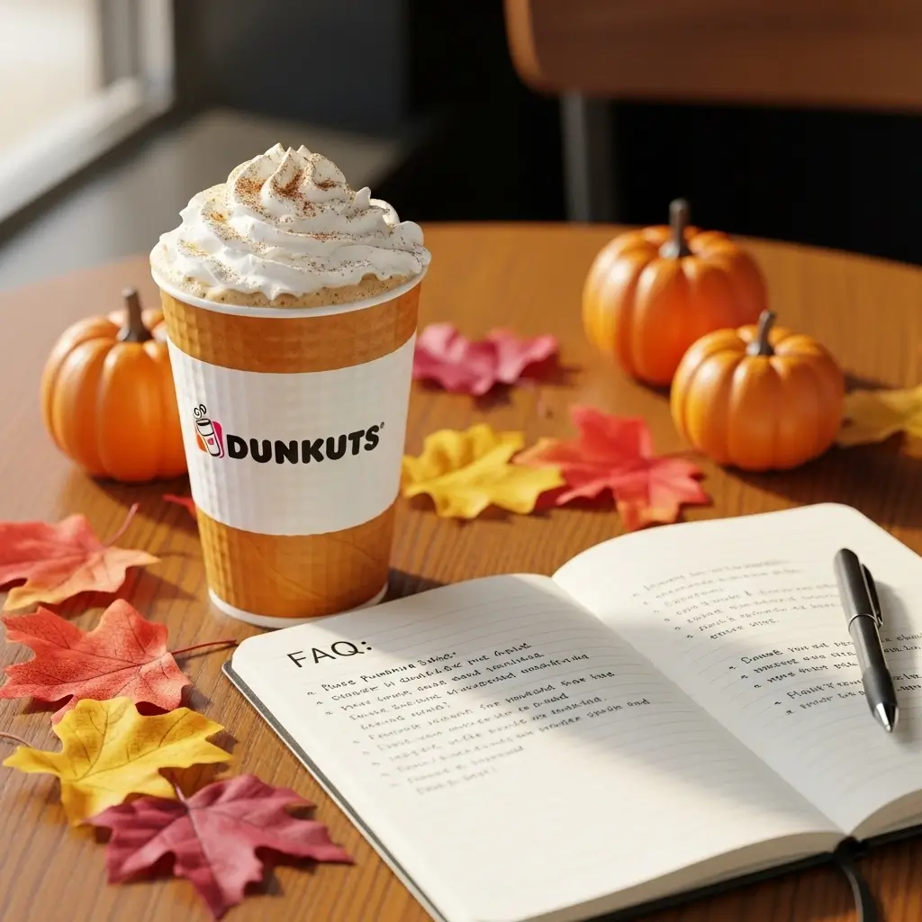 Dunkin Pumpkin Spice Latte with whipped cream and cinnamon beside an open notebook labeled FAQ and fall decorations.