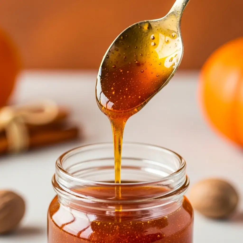 Pumpkin spice syrup being drizzled from a spoon into a glass jar with warm autumn tones.