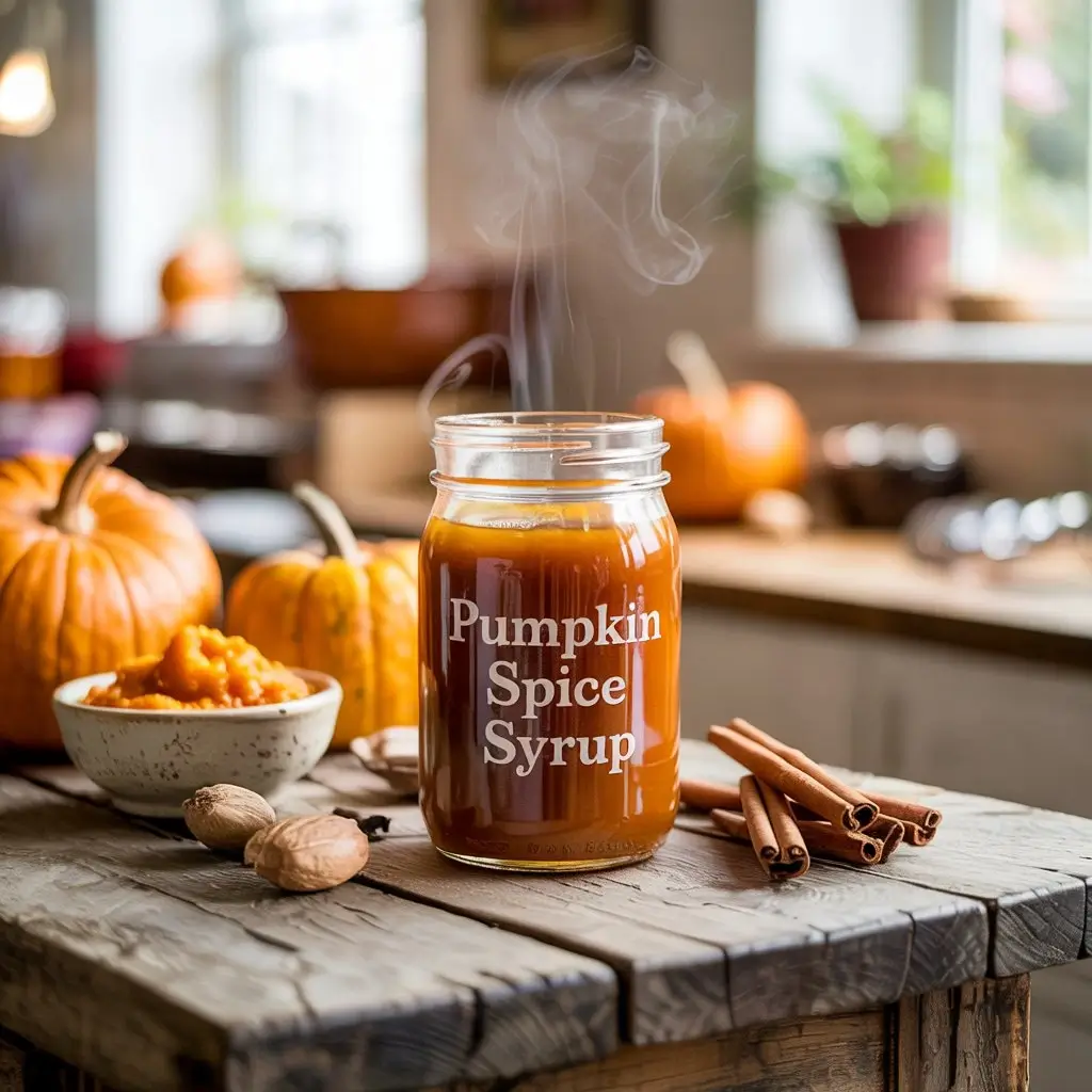 Homemade pumpkin spice syrup in a glass jar surrounded by cinnamon sticks and pumpkin purée on a wooden table.