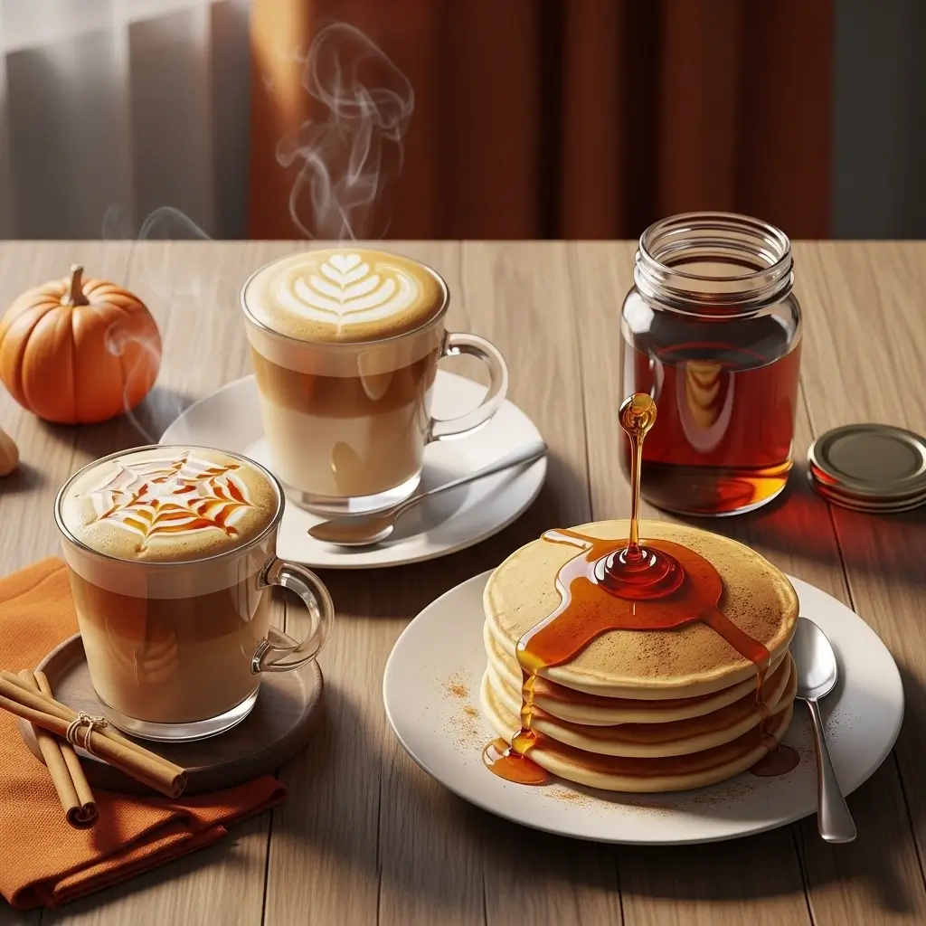 Pumpkin spice syrup drizzled on pancakes and latte beside a small glass jar on a rustic wooden table.