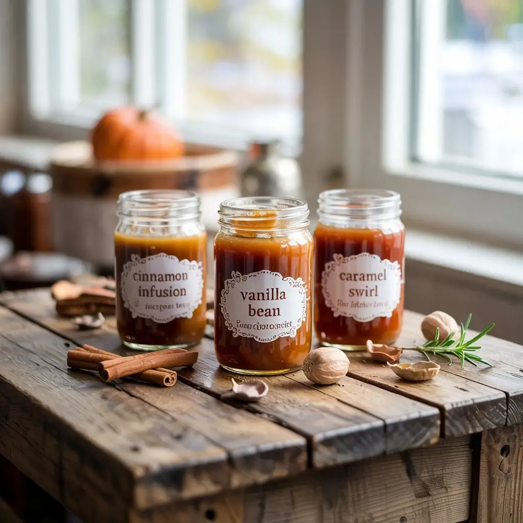 Three glass jars of pumpkin spice syrup in different shades with cinnamon and nutmeg on a rustic wooden table.