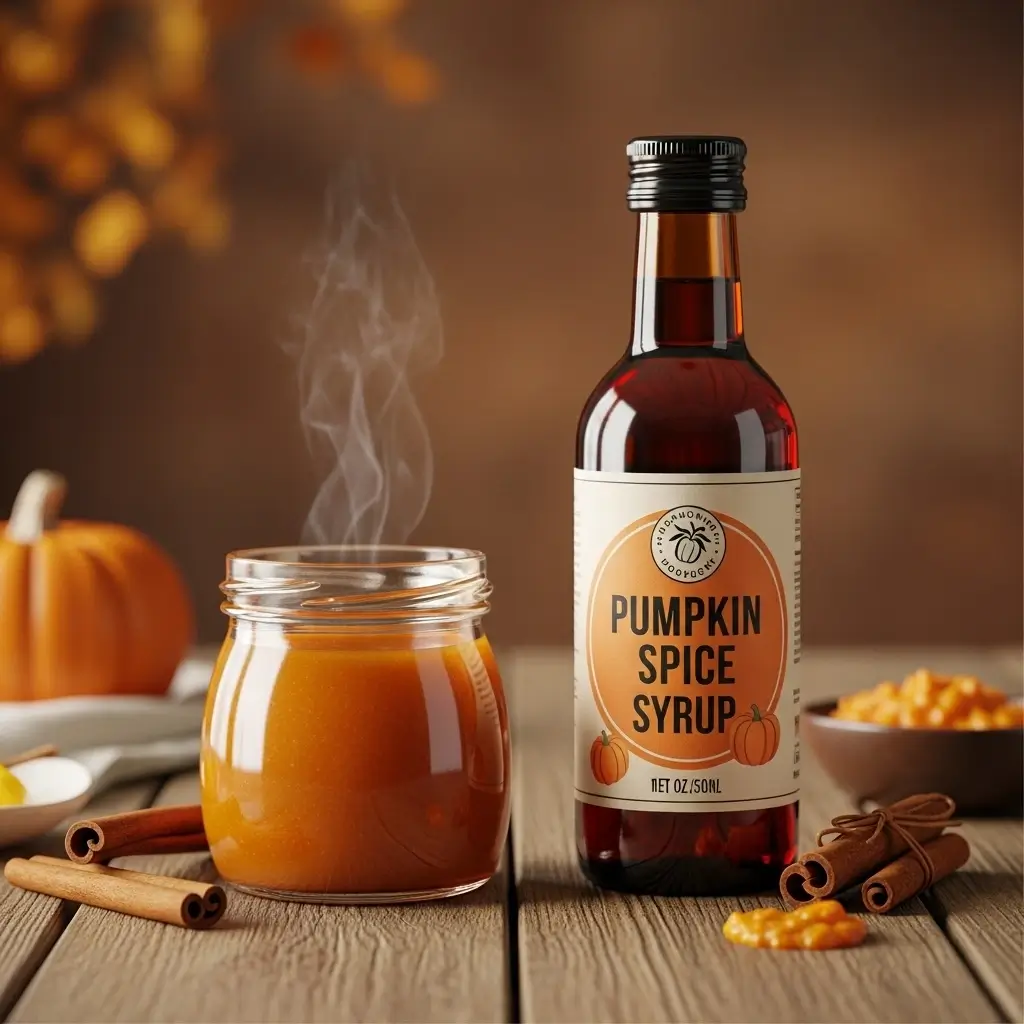 Homemade pumpkin spice syrup in a glass jar beside a store-bought bottle on a rustic wooden table.