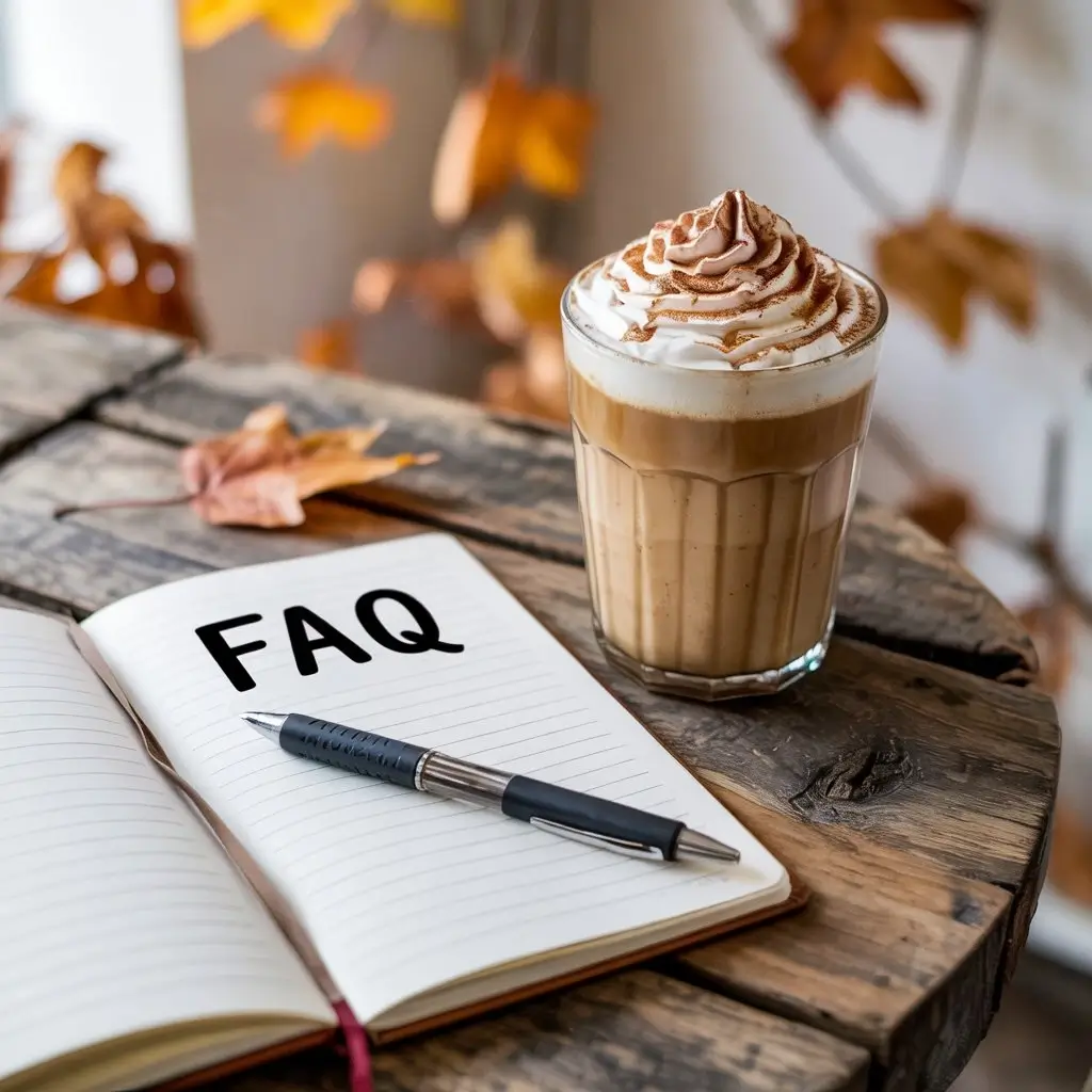 Pumpkin spice latte with whipped cream beside an open notebook labeled FAQ on a rustic wooden table.