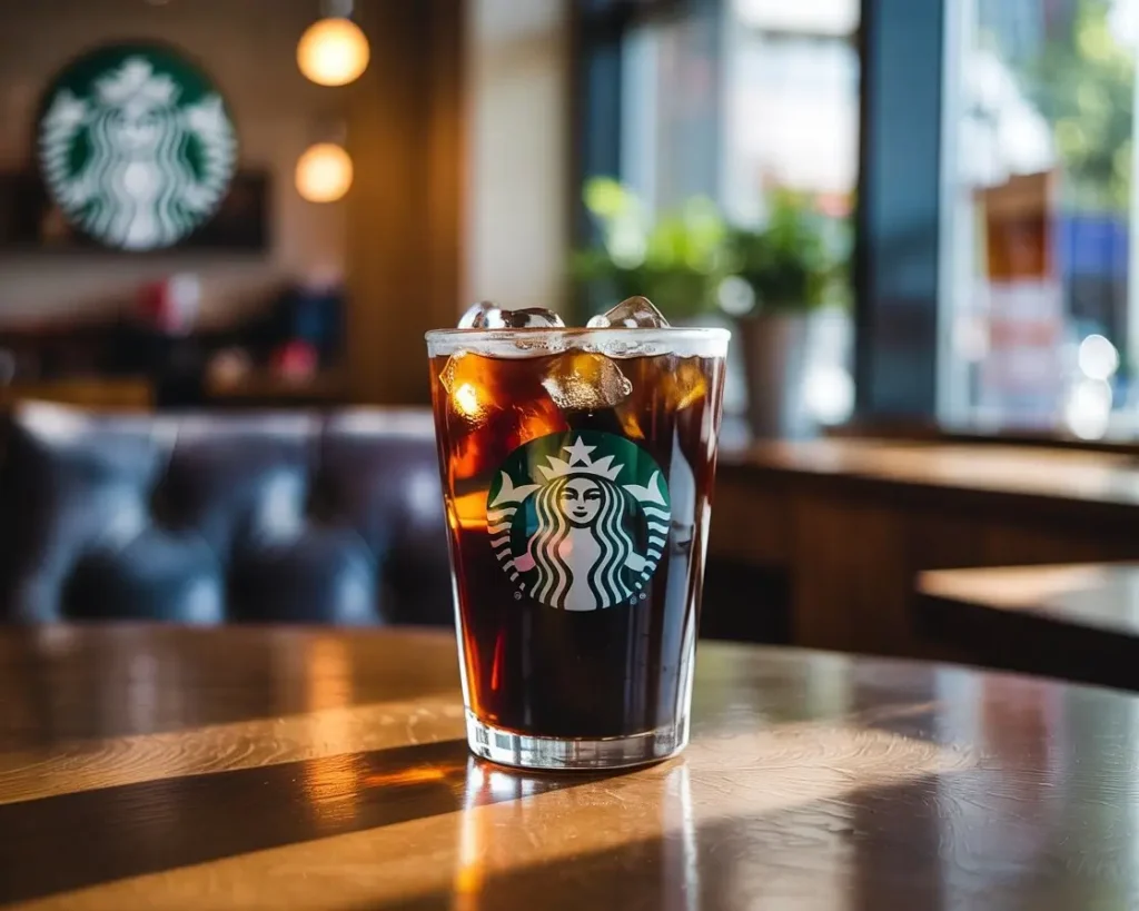 Starbucks cold brew coffee in a transparent cup with ice and condensation on a wooden café table.