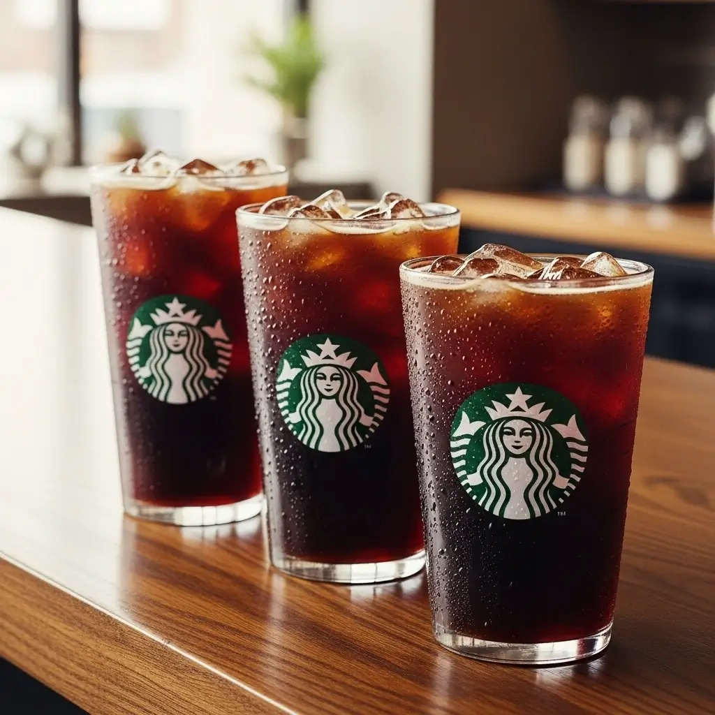 Lineup of Starbucks cold brew cups in Tall, Grande, and Venti sizes with ice on a café counter.