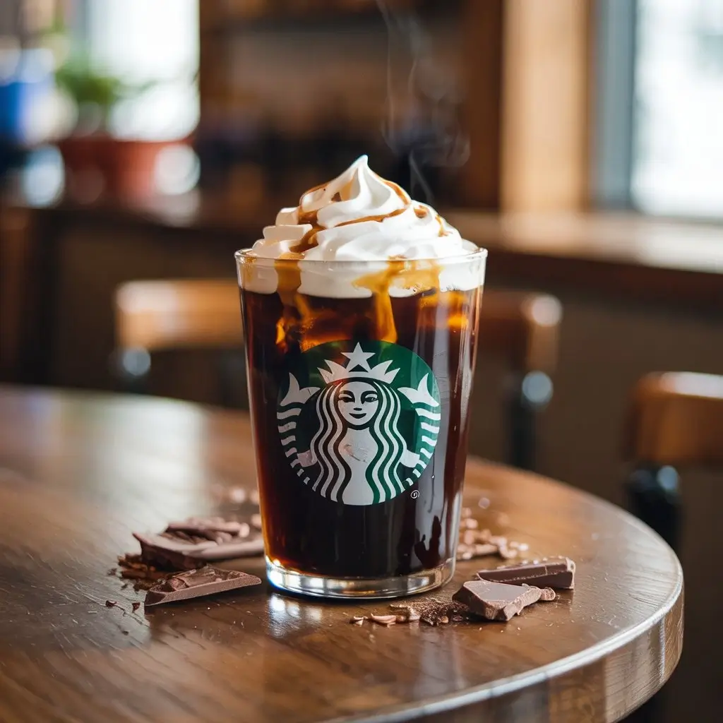 Starbucks cold brew with whipped cream, caramel drizzle, and chocolate shavings on a wooden table.