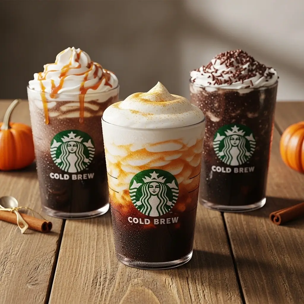 Three seasonal Starbucks cold brew drinks in clear cups with whipped cream, pumpkin spice foam, and chocolate sprinkles on a wooden table.