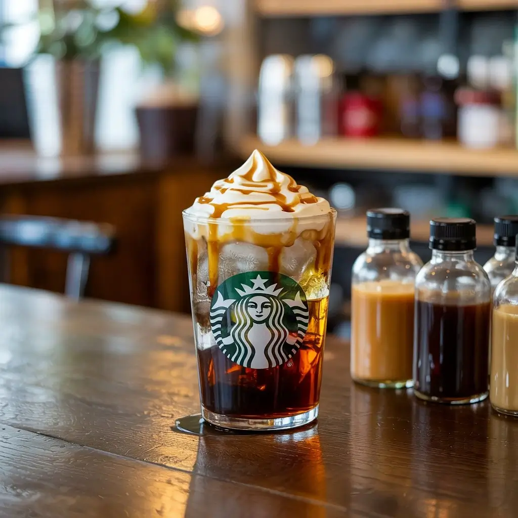 Starbucks cold brew with ice and cream swirl beside small syrup bottles on a wooden table.