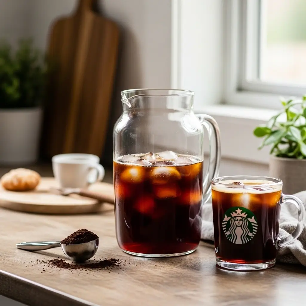 Homemade Starbucks-style cold brew in a glass jar with ice, coffee scoop, and serving cup on a rustic kitchen counter.