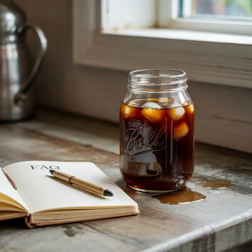 Homemade cold brew in a glass jar with ice next to an FAQ notebook on a rustic kitchen counter.