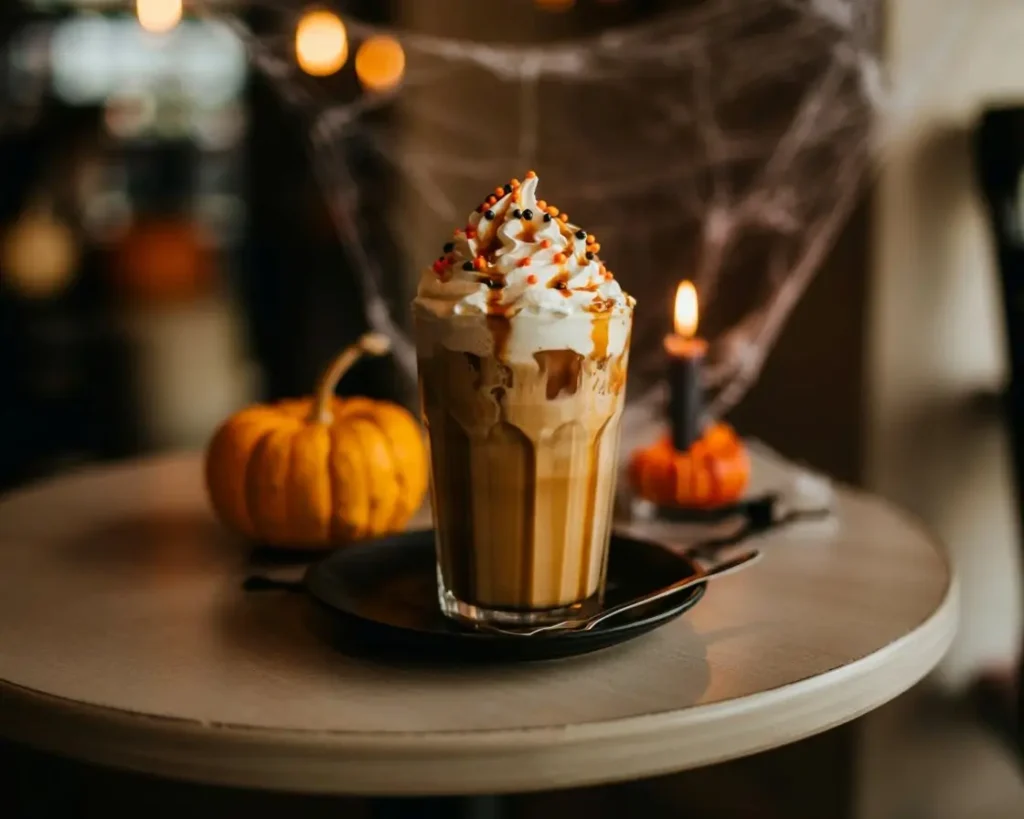 Halloween-themed iced coffee with whipped cream, orange and black sprinkles, and a tiny pumpkin on a dark café table.