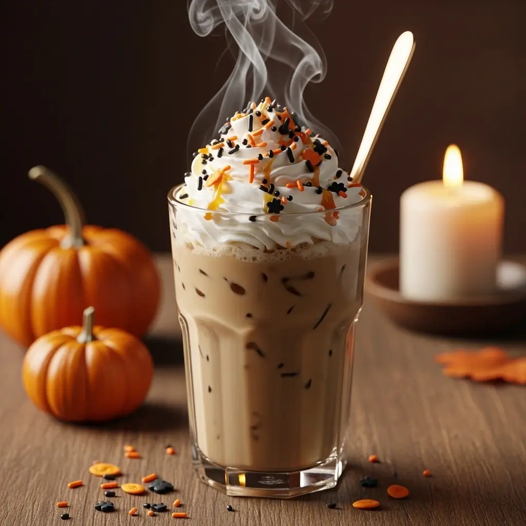 Steaming Halloween-themed iced coffee with whipped cream, orange and black sprinkles, and a small pumpkin on a wooden table.