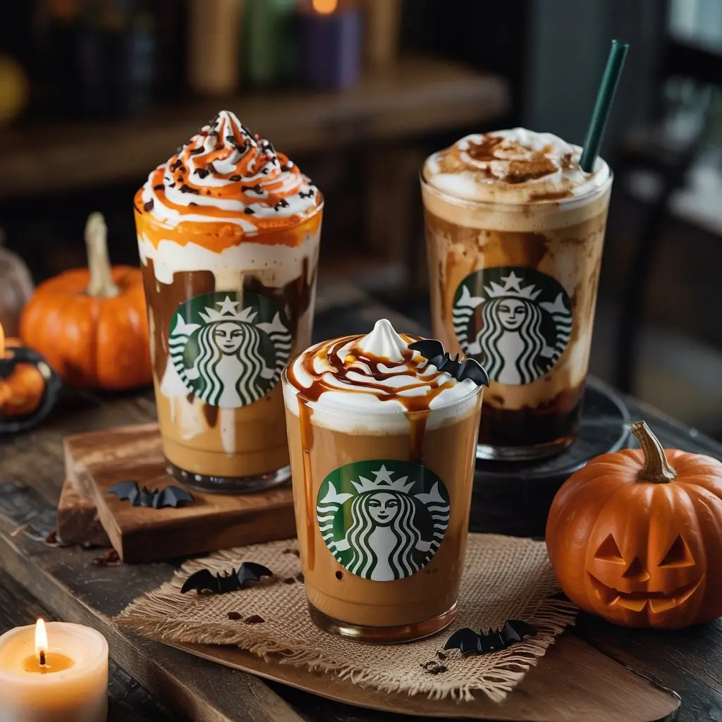 Three Starbucks Halloween drinks with orange whipped cream, caramel drizzle, and pumpkin foam on a rustic table with a pumpkin and candle.