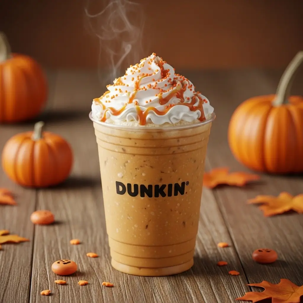 Dunkin pumpkin spice latte with whipped cream, orange sprinkles, and caramel drizzle on a wooden table with a small pumpkin.