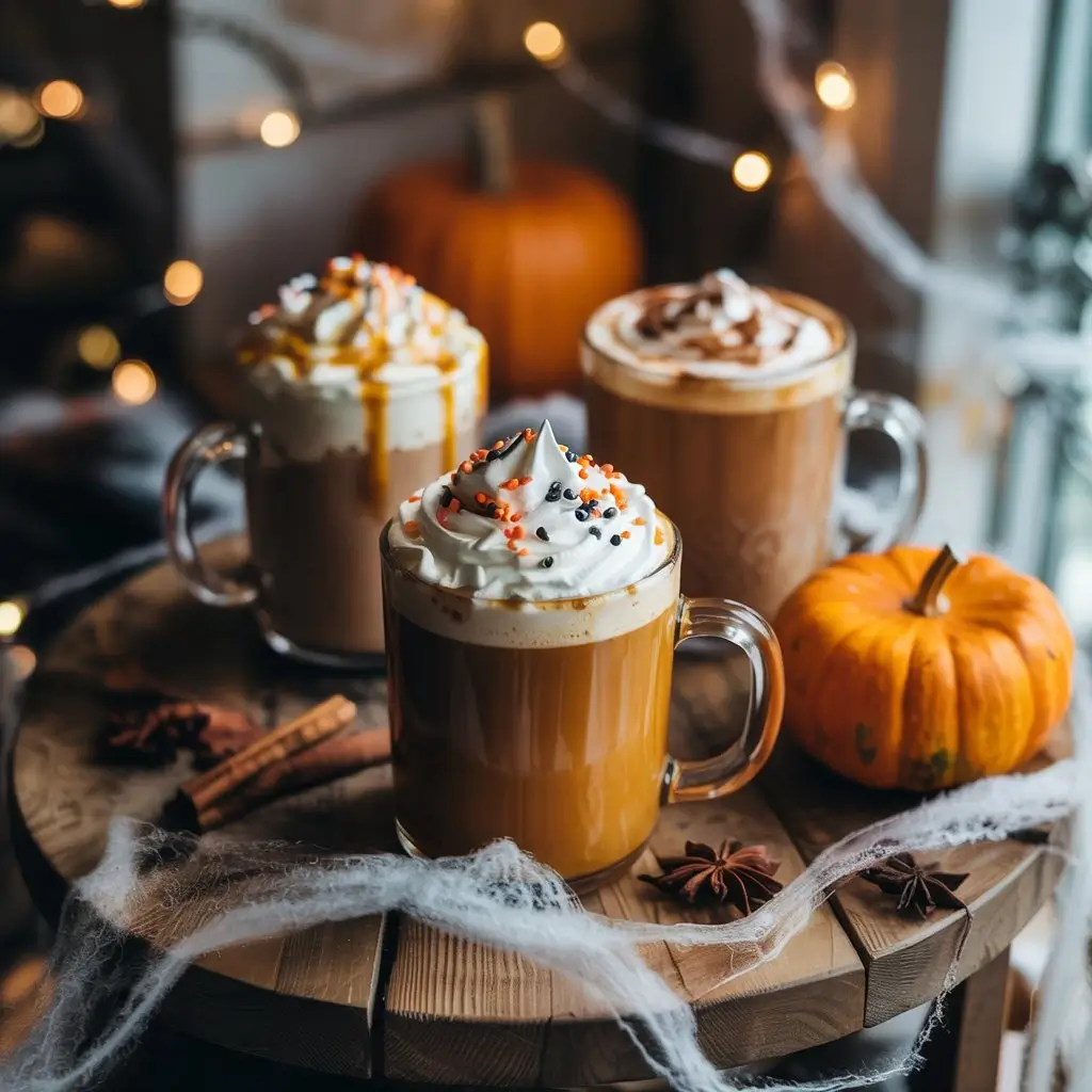 Homemade Halloween coffee drinks with whipped cream, sprinkles, and pumpkin foam on a rustic wooden table with a small pumpkin.