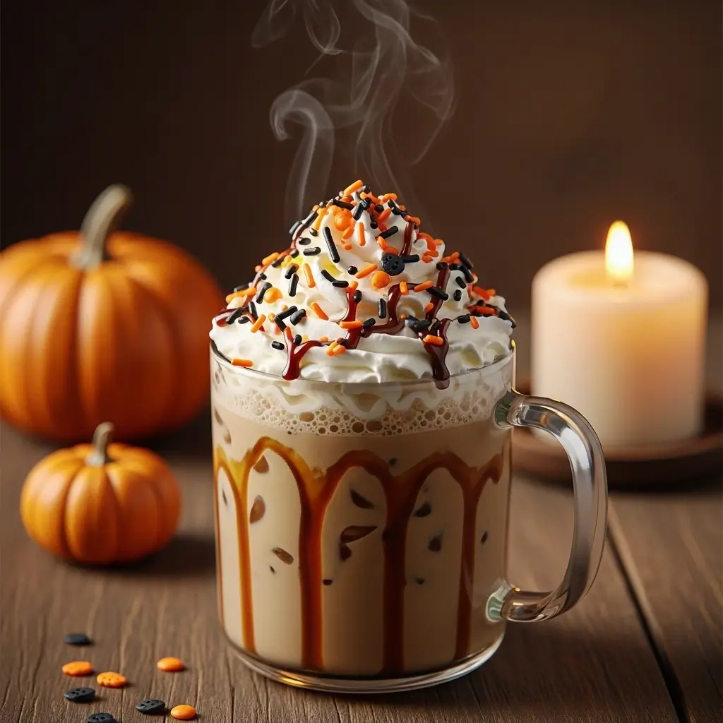 Halloween iced coffee with whipped cream, orange and black sprinkles, and a small pumpkin on a wooden table.