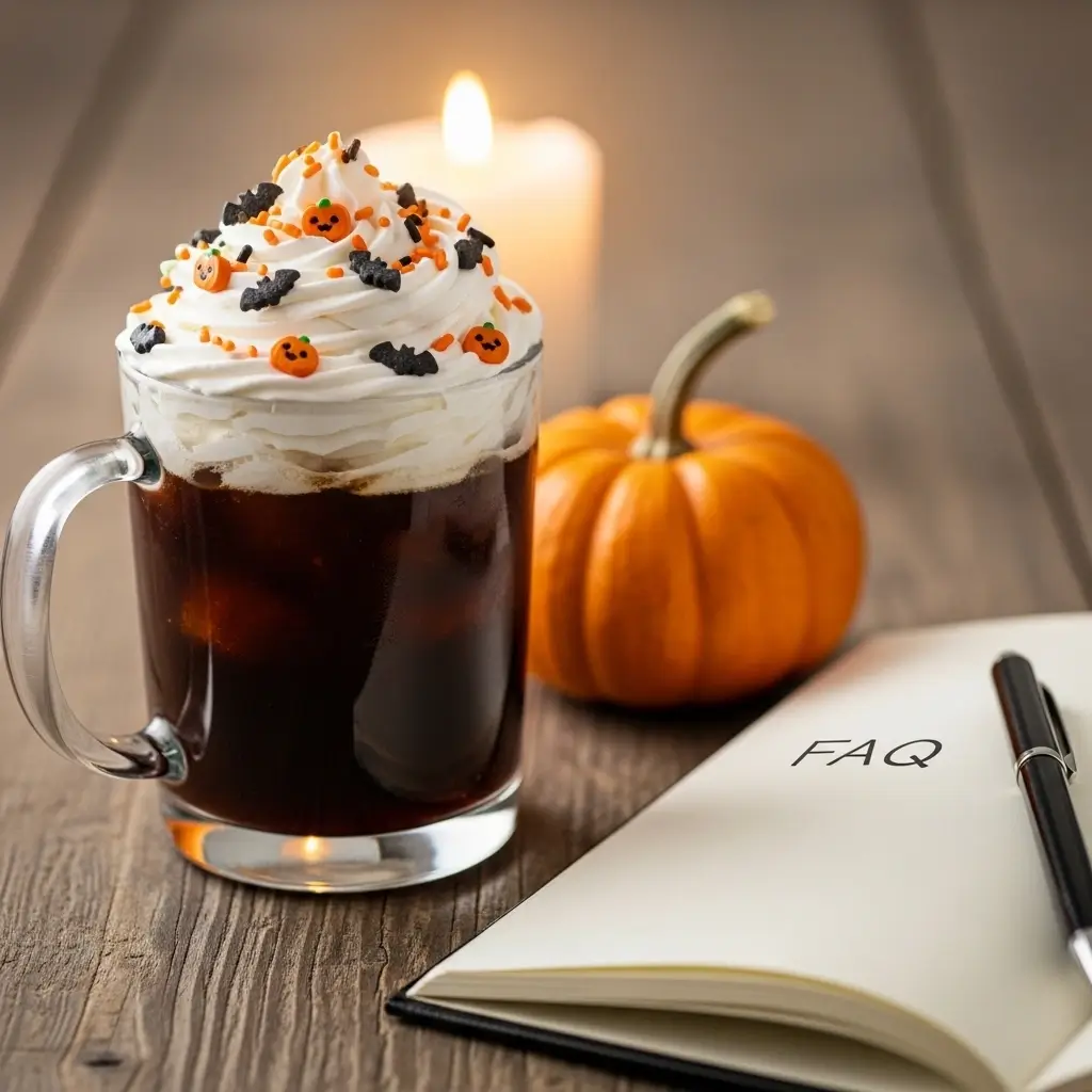 Halloween-themed iced coffee with whipped cream and sprinkles beside an open FAQ notebook on a wooden table.