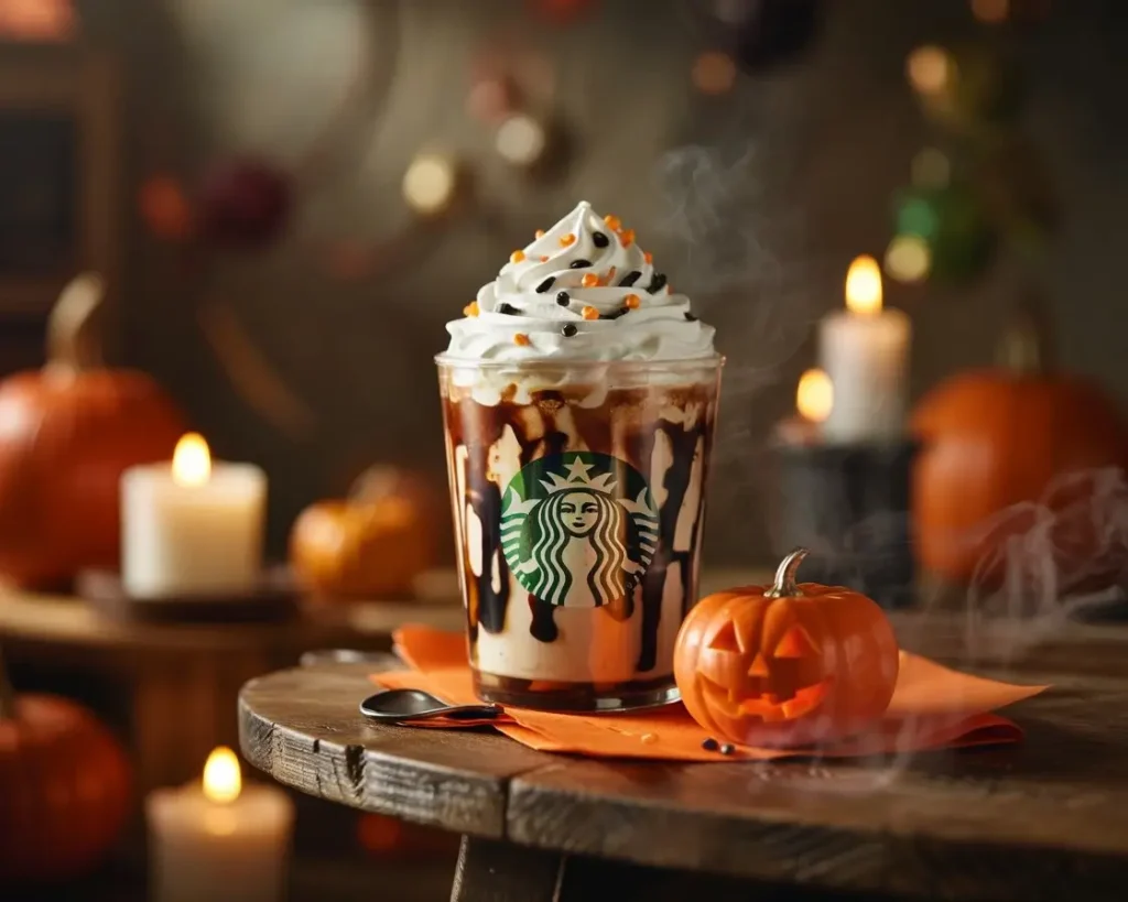 Starbucks Halloween drink topped with whipped cream and spooky sprinkles on a wooden table with fall decorations.
