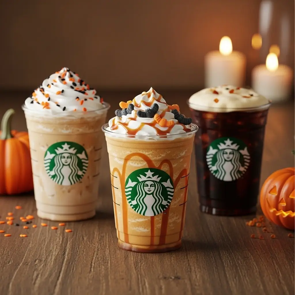 Three Starbucks Halloween drinks with whipped cream, caramel drizzle, and pumpkin foam on a rustic wooden table with a small pumpkin.