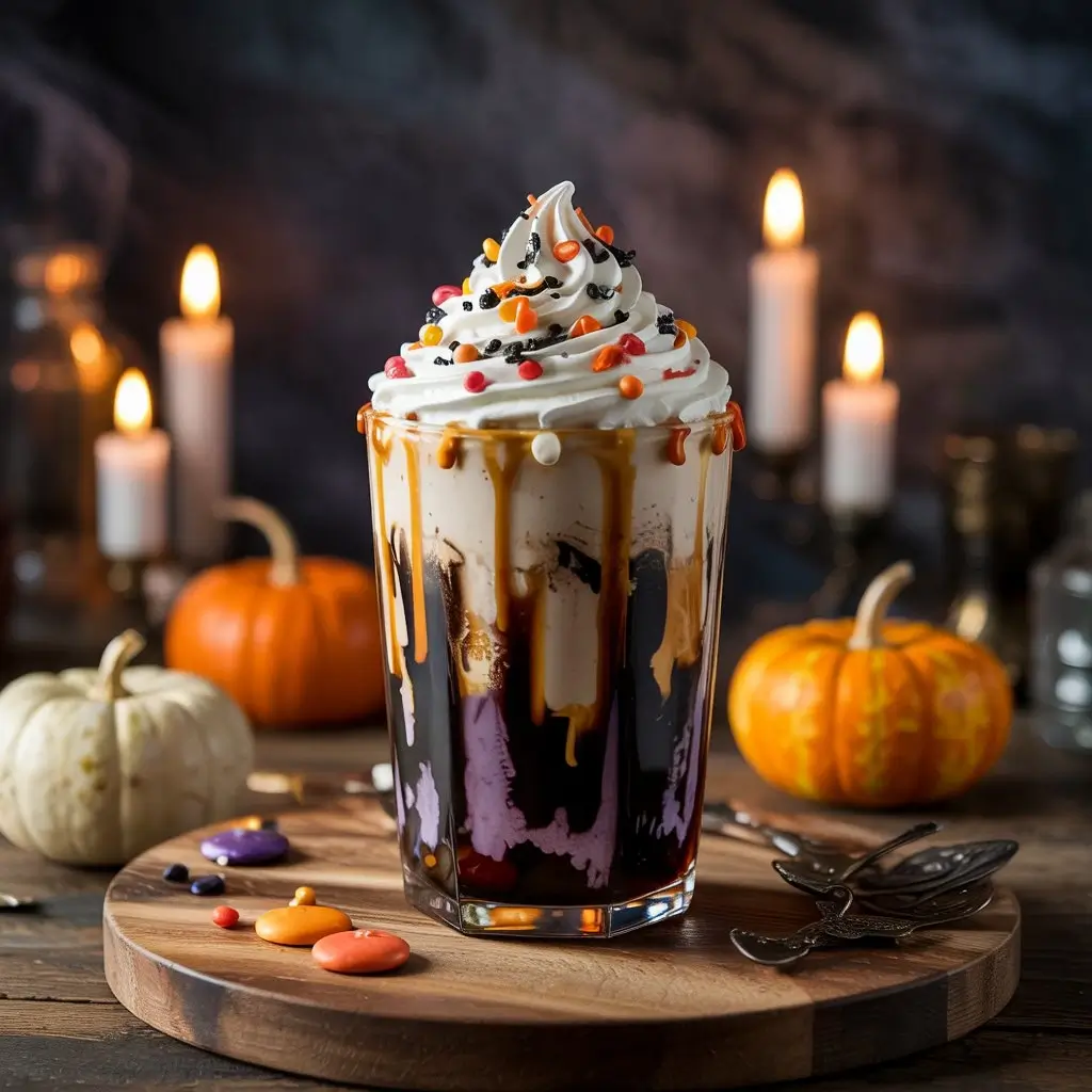 Starbucks Halloween secret menu drink with whipped cream, sprinkles, and caramel drizzle on a wooden table with a small pumpkin.