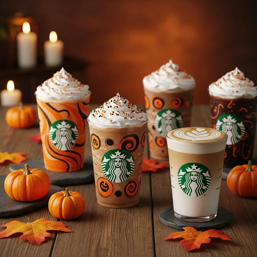 Starbucks Halloween cups with festive designs, decorated with small pumpkins and autumn leaves on a wooden table.
