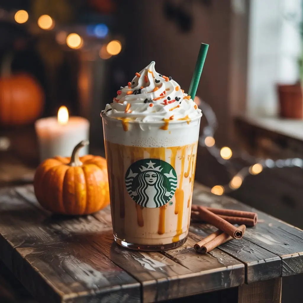Homemade Halloween Starbucks-style drink with whipped cream, sprinkles, and caramel drizzle on a wooden table with a small pumpkin.