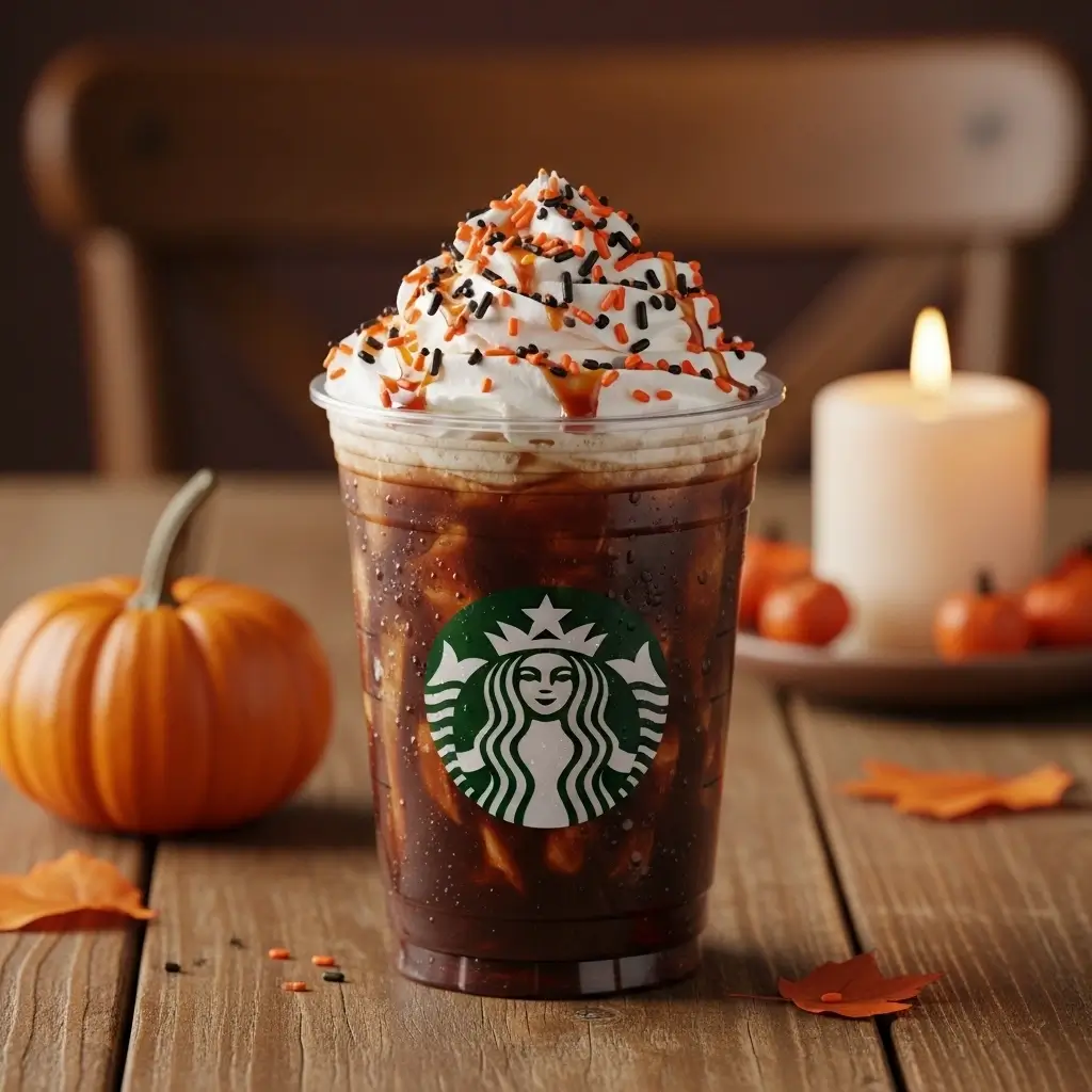 Starbucks Halloween drink with whipped cream, orange and black sprinkles, and a small pumpkin on a wooden table.
