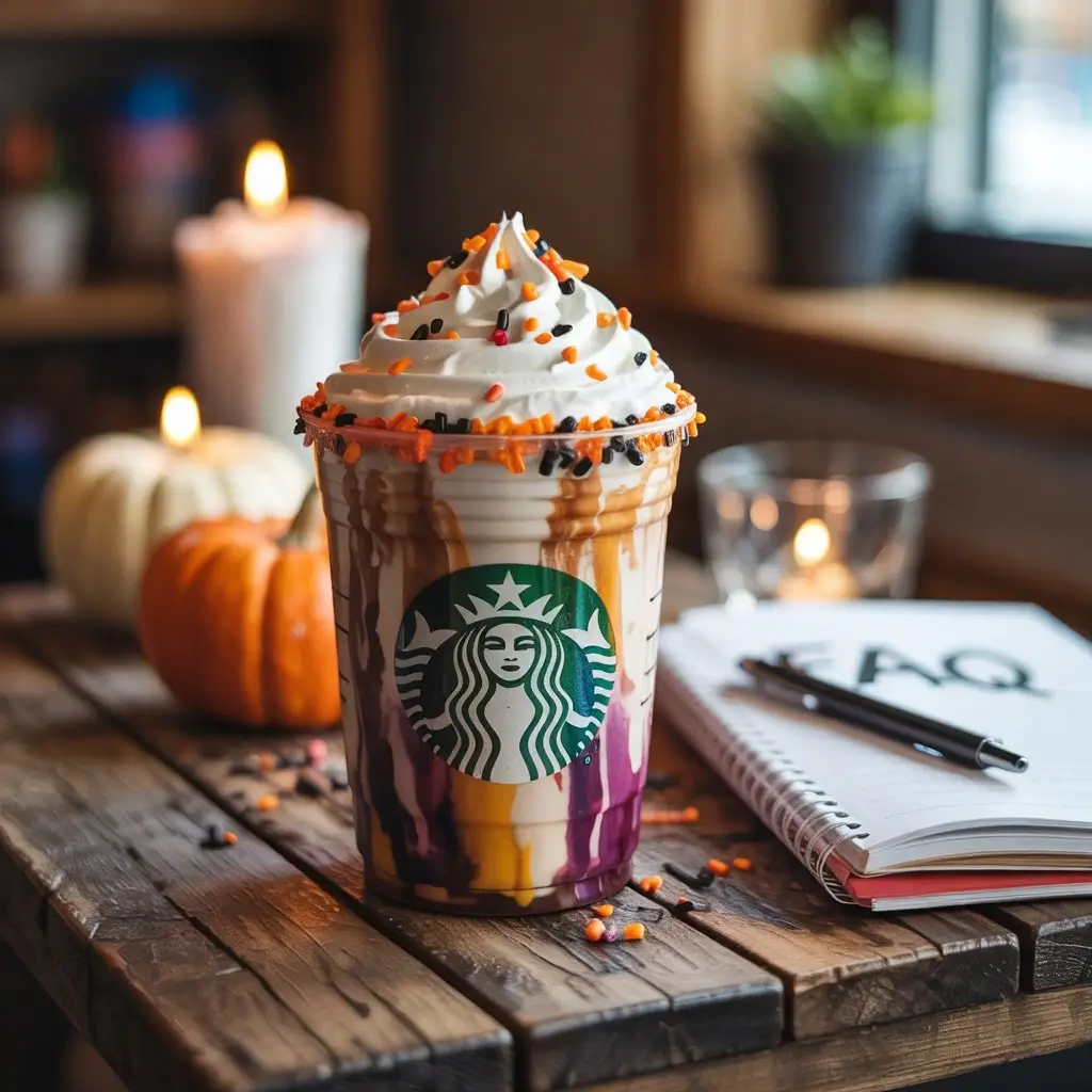Starbucks Halloween drink with whipped cream and sprinkles beside an open FAQ notebook on a wooden table.