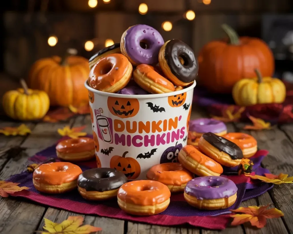 Dunkin’ Donuts Halloween Munchkins bucket filled with colorful mini donuts and Halloween decorations