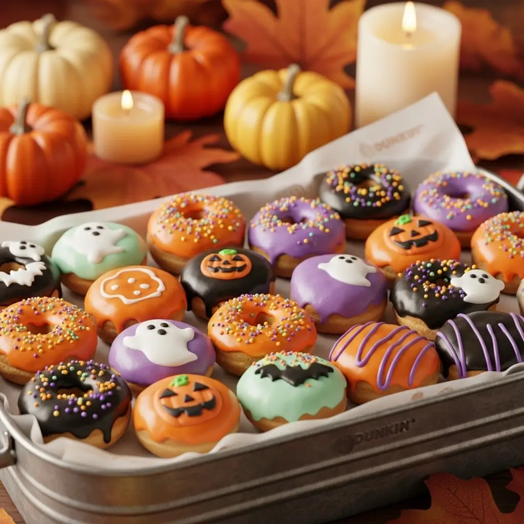 Dunkin’ Donuts Halloween Munchkins 2025 on a festive tray with autumn decorations