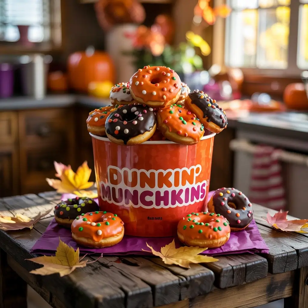 Hands holding a limited Dunkin’ Donuts Halloween Munchkins bucket filled with colorful mini donuts