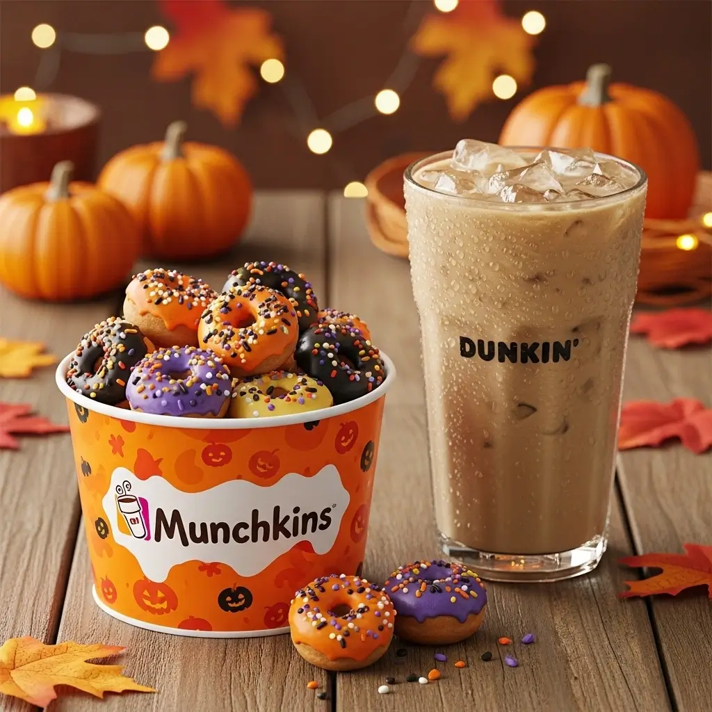 Dunkin’ Donuts Halloween Munchkins paired with a tall iced Dunkin’ coffee on a rustic table