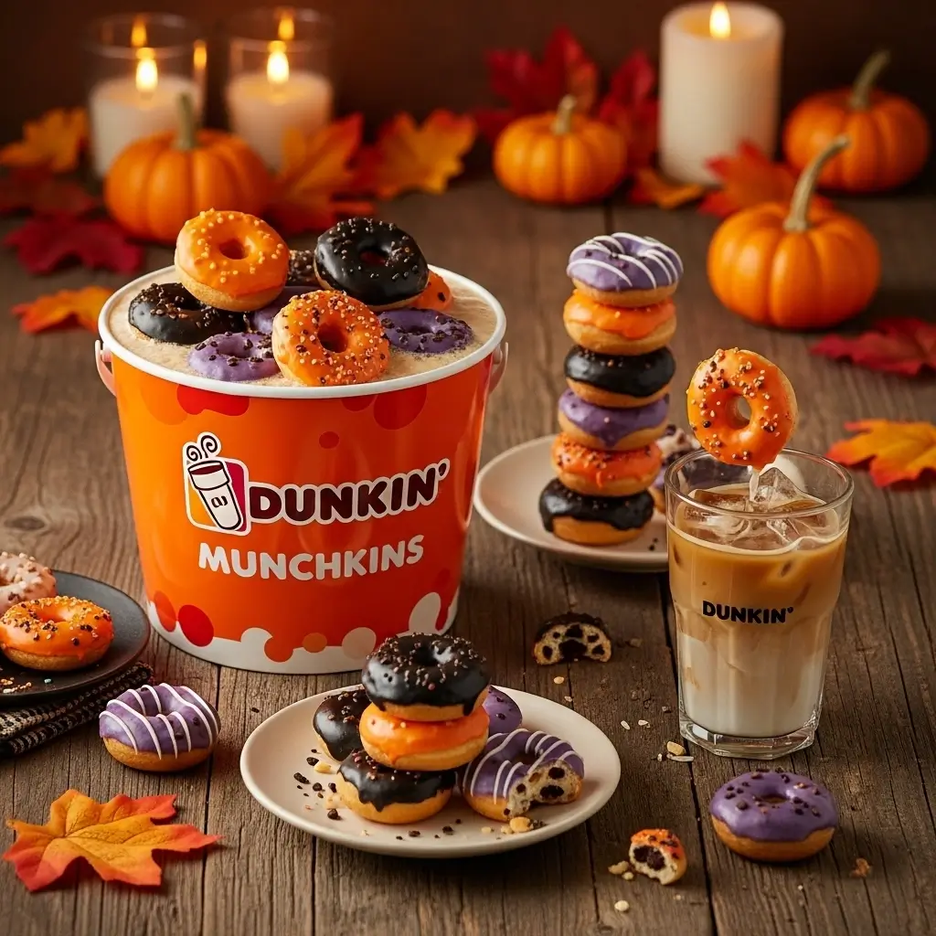 Creative presentation of Dunkin’ Halloween Munchkins bucket with mini donuts and iced coffee