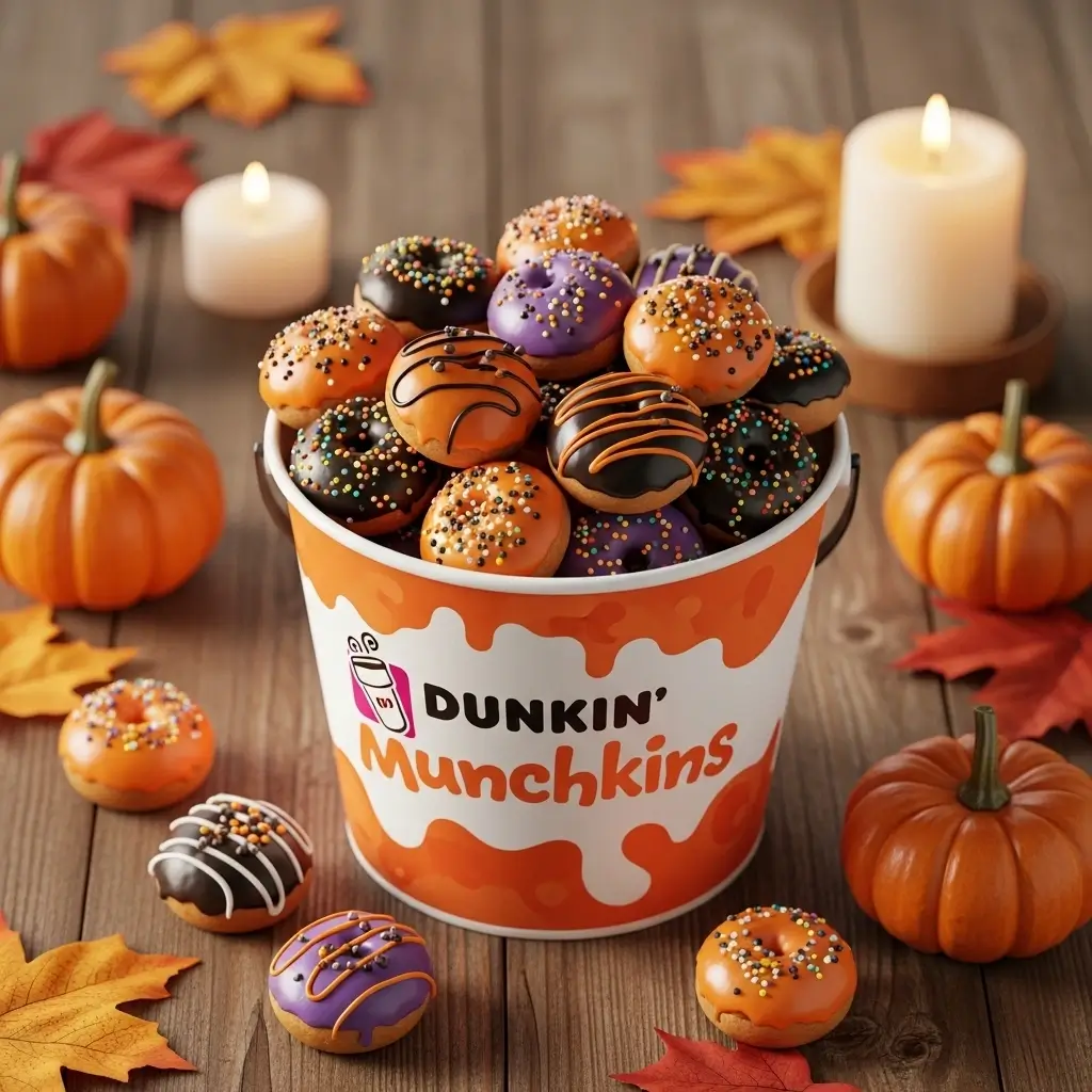 Dunkin’ Donuts Halloween Munchkins bucket on a rustic table with autumn decorations