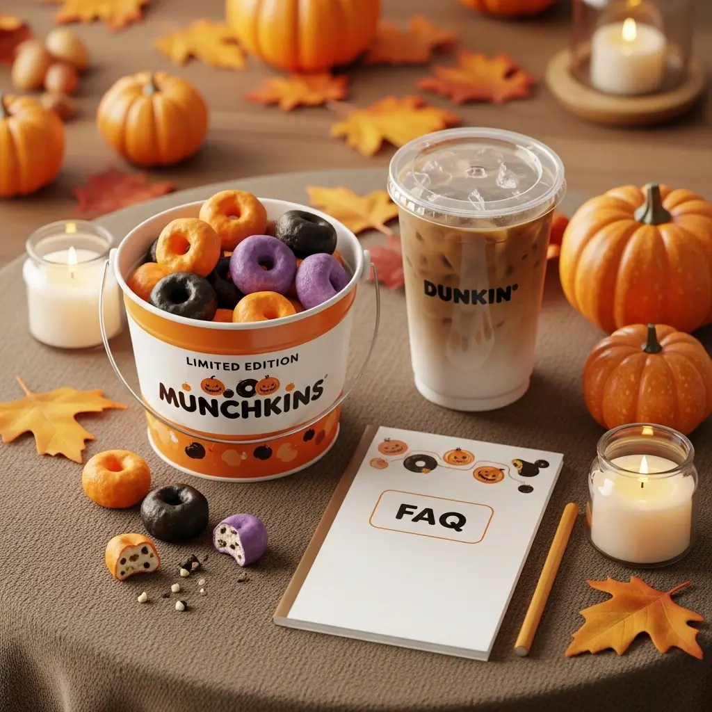 Dunkin’ Halloween Munchkins FAQ setup with mini donuts, iced coffee, and autumn decorations