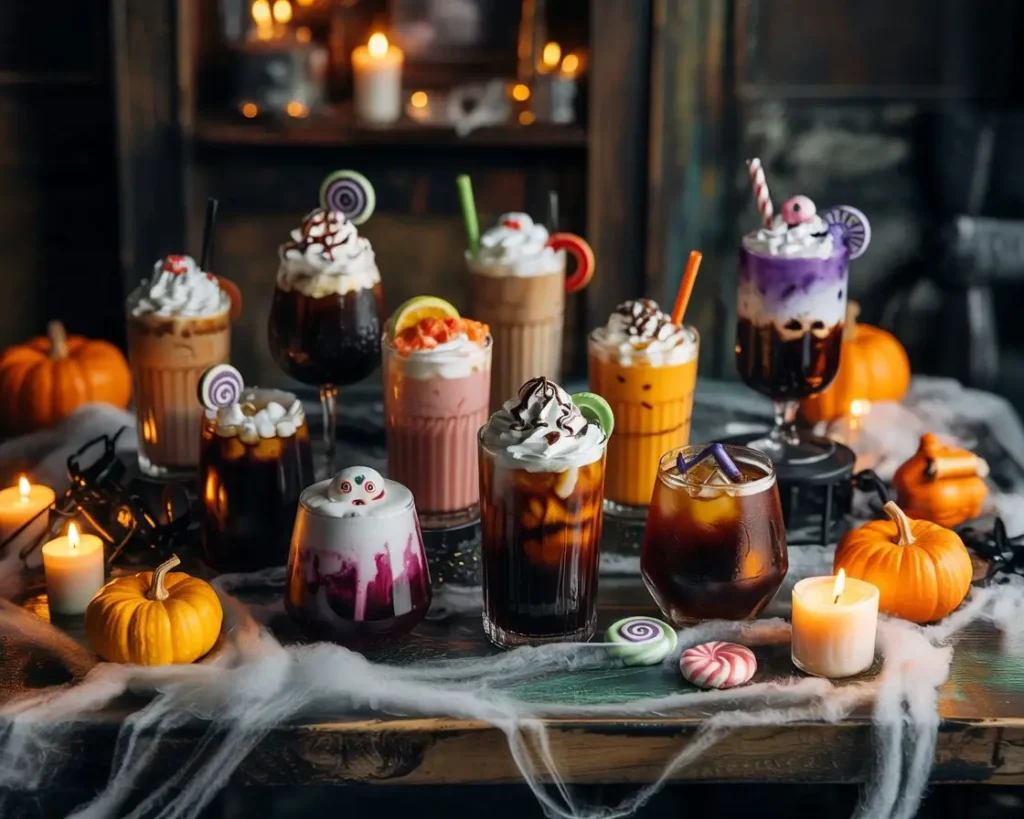 Spooky iced coffee and Halloween drinks on a rustic table with pumpkins and candles