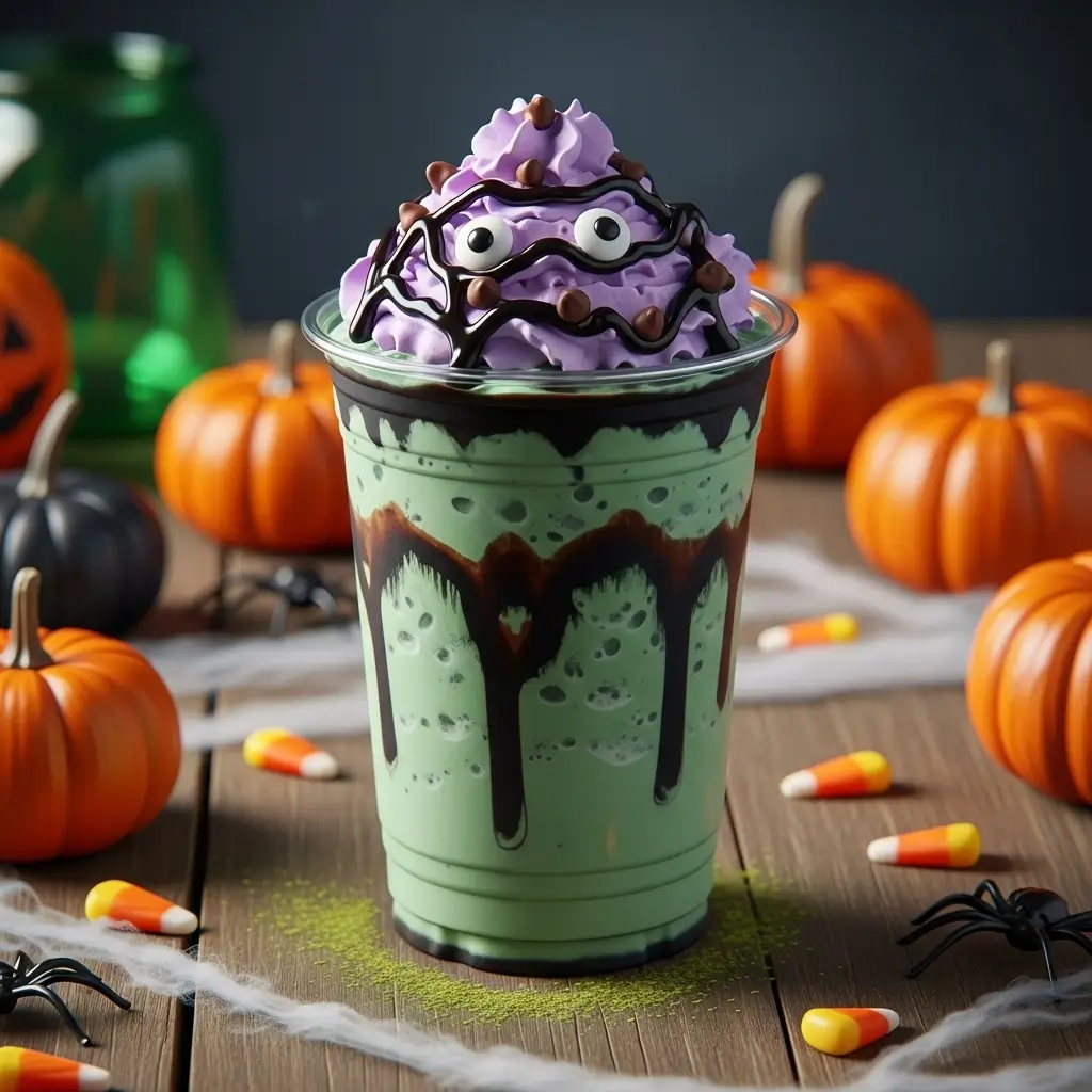 Iced Halloween Franken-Frappe with green and purple layers, whipped cream, and spooky decorations