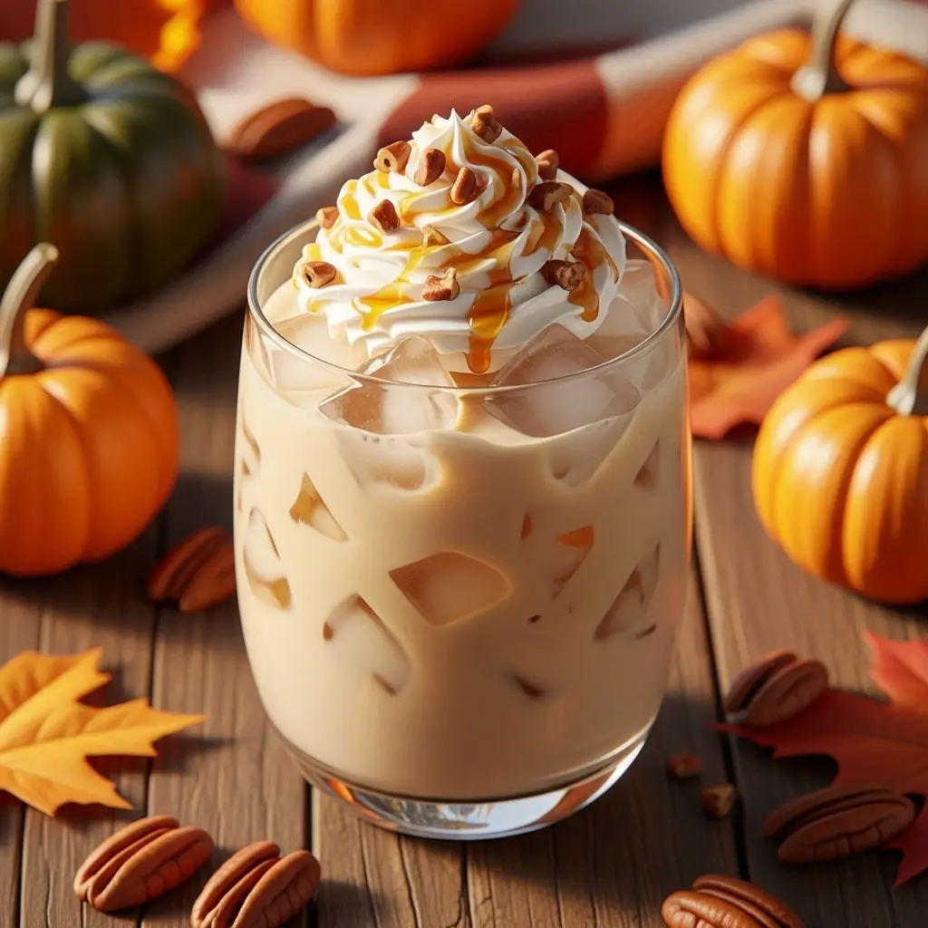 Iced maple pecan latte with whipped cream, maple drizzle, and crushed pecans surrounded by pumpkins and autumn decor