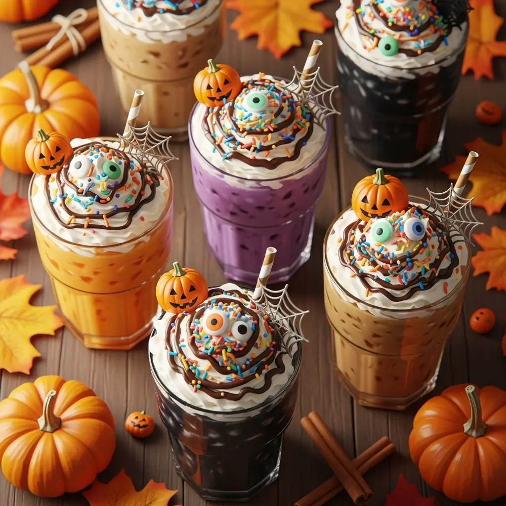 DIY Halloween iced coffee recipes with colorful toppings and spooky decorations on a rustic table