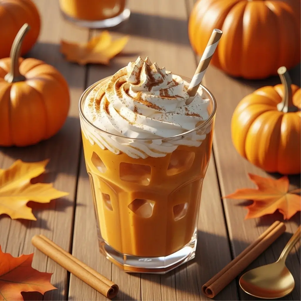 Iced pumpkin spice latte with whipped cream and cinnamon on a rustic fall table