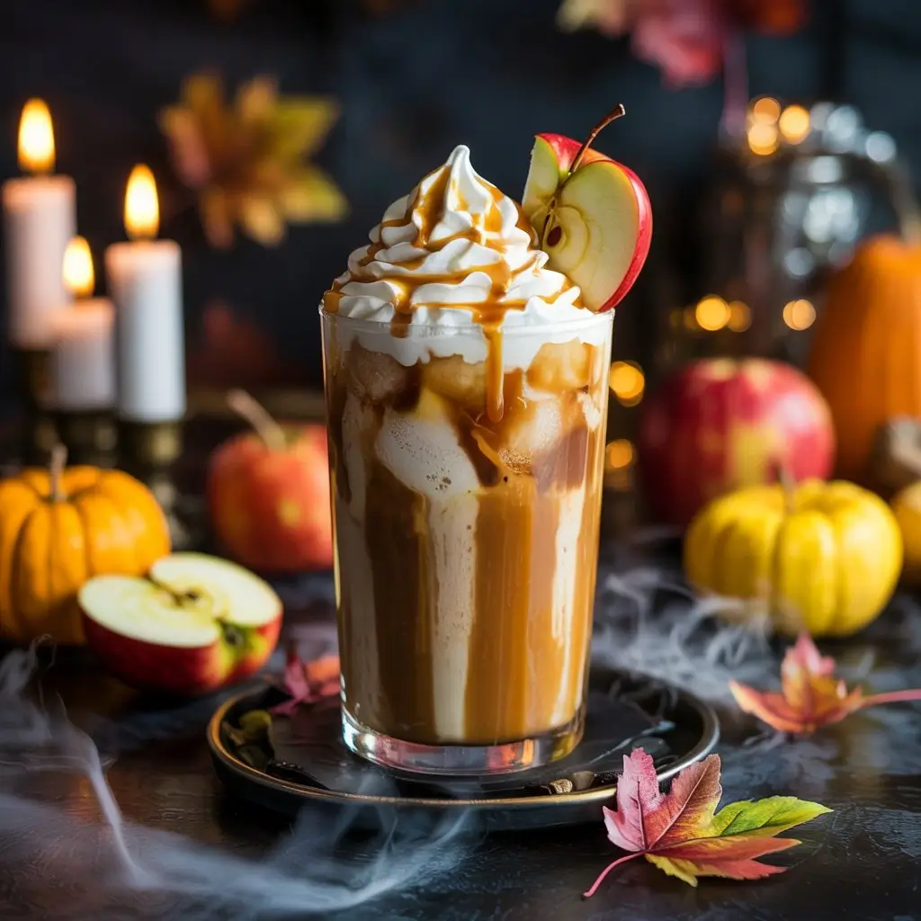 Iced caramel apple latte topped with whipped cream and caramel drizzle surrounded by pumpkins and apples