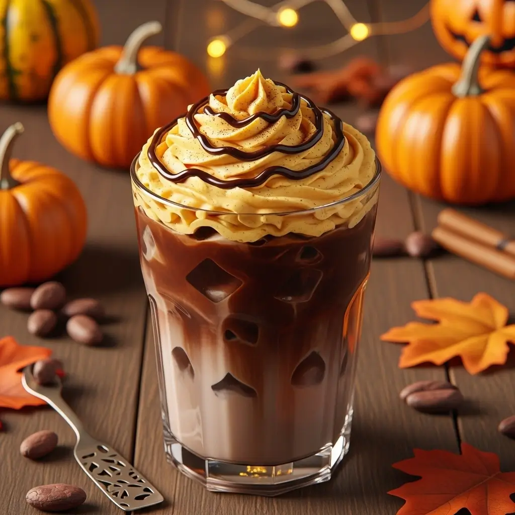 Iced mocha with pumpkin whipped cream and chocolate drizzle on a rustic fall table