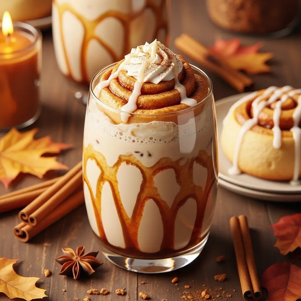 Iced cinnamon roll latte with whipped cream and cinnamon sticks on a cozy fall table