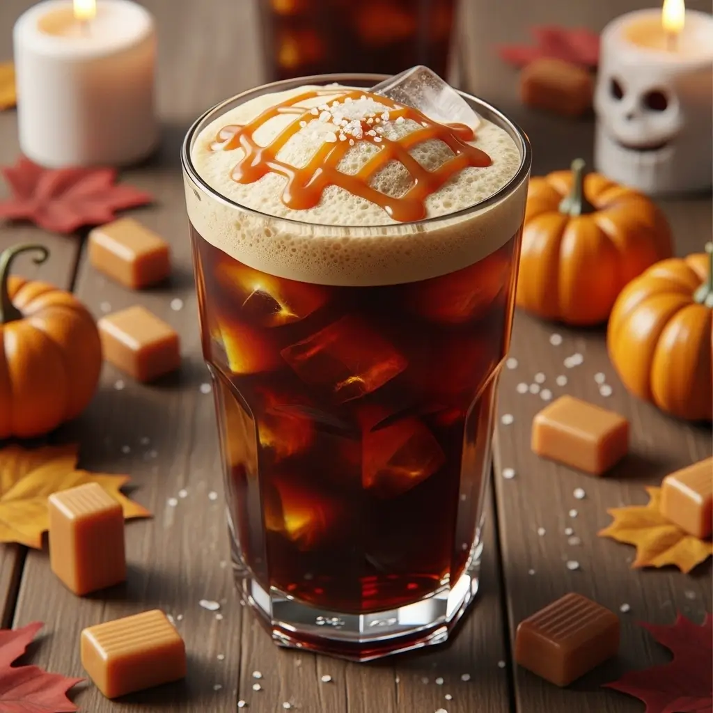 Iced salted caramel cold brew with caramel drizzle and sea salt surrounded by pumpkins and fall decor