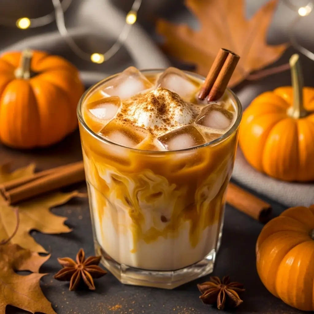 Iced pumpkin chai latte with cinnamon and star anise surrounded by fall decorations