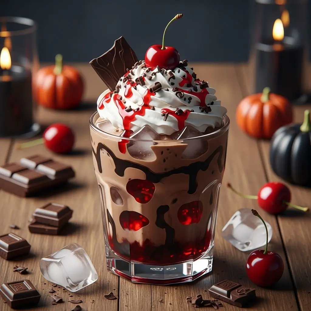Iced Black Forest mocha with whipped cream, cherry, and chocolate shavings on a rustic table